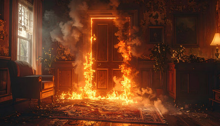 Burning fire in the interior of an old house. 3D renderingの素材