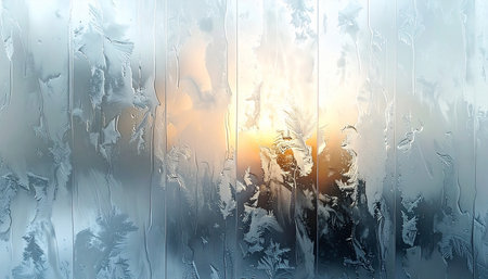 Frosty natural pattern on the window at sunrise. Winter backgroundの素材