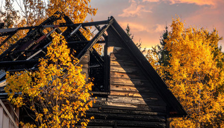 Old wooden house in the autumn forest on a background of blue skyの素材