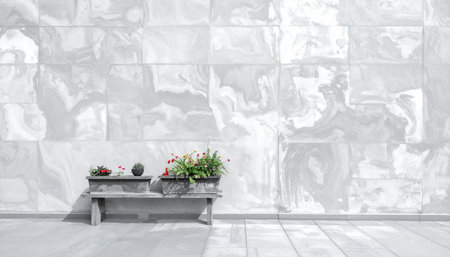 Empty bench with flowers in front of marble wall. 3d renderingの素材