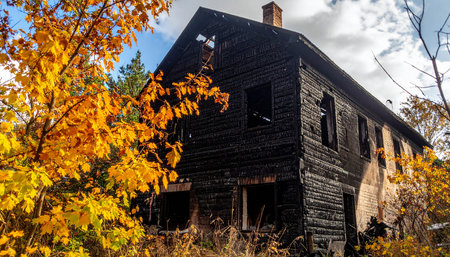 Abandoned house in the autumn forest. Old abandoned house.の素材