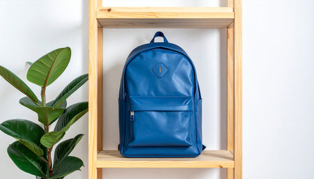 Blue backpack on wooden shelf in the room. Back to school concept.の素材