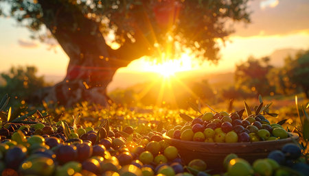 olive harvest on the field at sunset. selective focus. nature.の素材