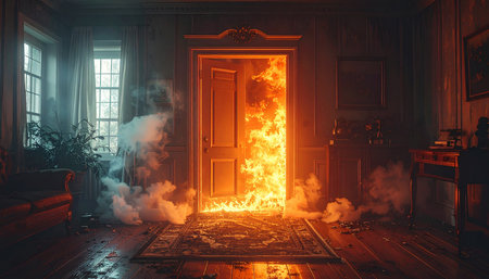 Flaming door in the dark room. 3D rendering.の素材