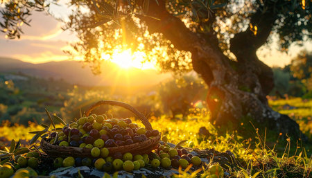 olive harvest in the field, harvest of olives at sunsetの素材