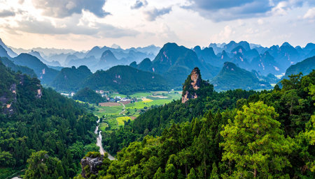 Panoramic view of the karst mountains in China.の素材