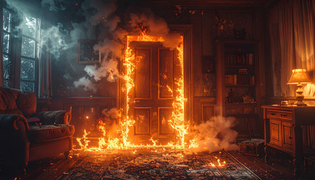 Burning fire in the interior of a dark room. 3D renderingの素材