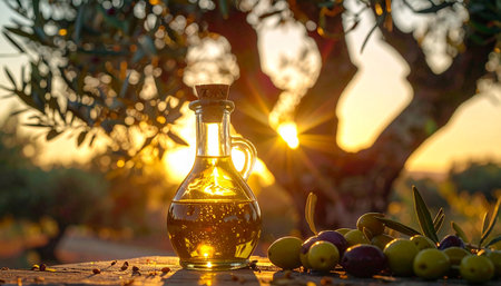Olive oil in a bottle and olives on a wooden tableの素材