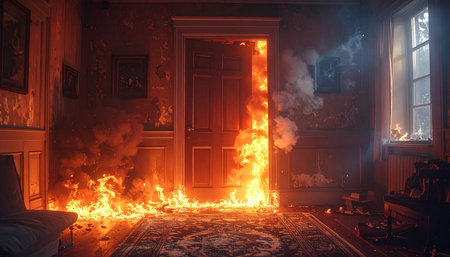 Fire in the interior of an old house. 3d render.の素材
