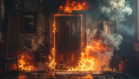 Burning house. Fire in the room. Burning wooden door.の素材