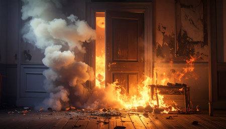 Burning fire in the interior of an old house. 3D renderingの素材