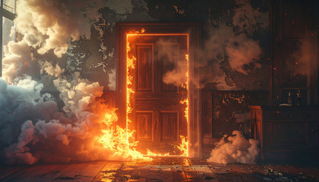 Fiery door in the dark room with smoke. 3d renderingの素材