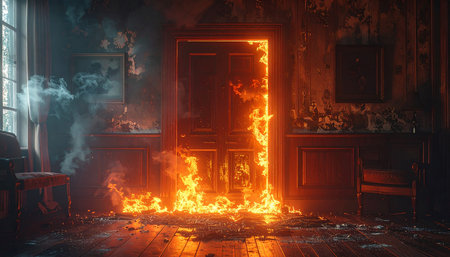 Burning fire in the interior of an old mansion. 3D renderingの素材