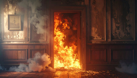 Fire in the interior of an old house. 3D rendering.の素材