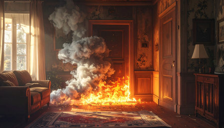 Fire in the interior of an old house. 3D rendering.の素材