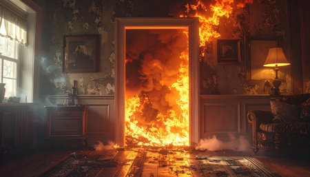 Burning fire in the interior of an old house. Fire in the room.の素材