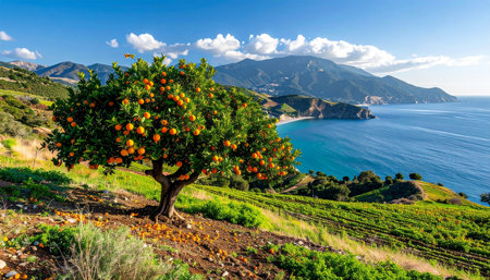 Orange tree on the coast of Sicily, Italy. Beautiful summer landscape.の素材