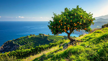 Tangerine tree on a hillside with the sea in the backgroundの素材