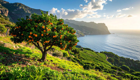 Tangerine tree in a tea plantation on the island of Madeira, Portugalの素材