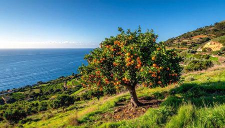 Orange tree on the coast of the island of Sicily, Italy.の素材