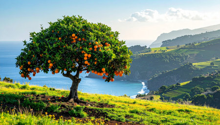 Tangerine tree on the coast of the island of Sicily, Italyの素材