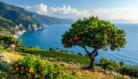 Orange tree on the background of the sea and mountains. Crimea, Ukraineの素材