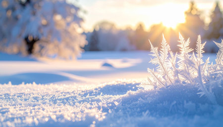 Frosty grass in the snow. Winter background. Beautiful winter landscape.の素材