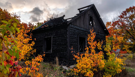 Abandoned wooden house in the autumn forest. Fall colors.の素材