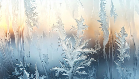 Frosty natural pattern on winter window at sunset. Abstract backgroundの素材