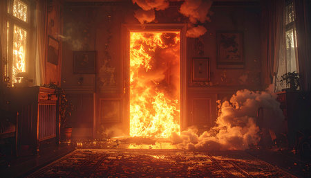 The interior of an old house in a fire. Fire and smoke.の素材