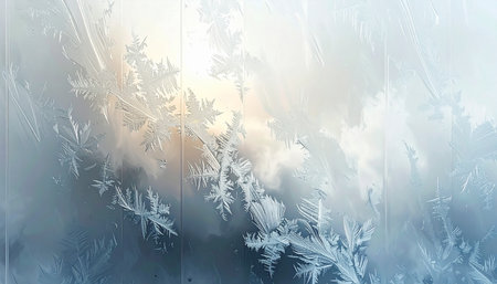 Frosty natural pattern on window glass. Abstract winter background.の素材