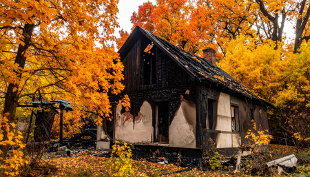 Abandoned house in the autumn forest. The fall season.の素材