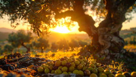 Ripe olives on a tree in the rays of the setting sunの素材
