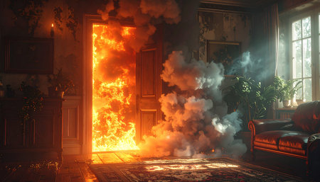 Burning fire in the interior of an old house. 3D renderingの素材