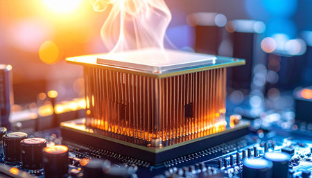 Close-up of microchips on the motherboard of a computerの素材