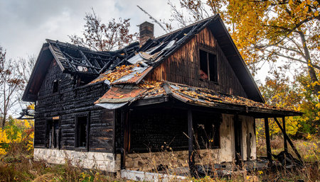 Abandoned wooden house in the autumn forest. Russia, Kareliaの素材