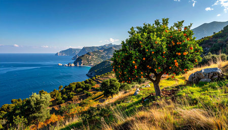 Orange tree on the coast of the island of Capri, Italyの素材