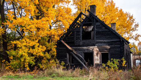 Abandoned house in the autumn forest. Old wooden house.の素材