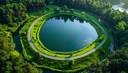 An aerial view shows a perfectly circular lake bordered by a path and dense green forest.の素材