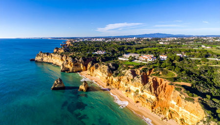 Aerial view of the Algarve coastline featuring golden cliffs, a sandy beach, and the turquoise ocean.の素材