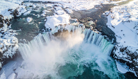 An aerial perspective of a powerful waterfall in winter, with mist rising from the turbulent water and snow-covered...の素材