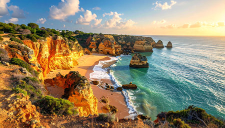 The Algarve coastline at sunset with golden cliffs, turquoise water, and a sandy beach under a colorful sky.の素材