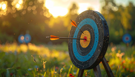 An arrow strikes the bullseye of an archery target in a grassy field during a warm sunset.の素材