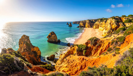 Orange cliffs and a sandy beach meet the clear blue ocean along the Algarve coastline in Portugal.の素材
