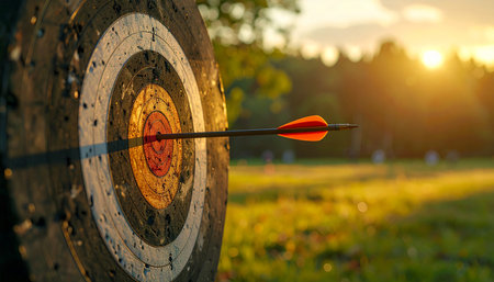 An arrow is lodged in the bullseye of a weathered archery target with a sun flare in the background.の素材