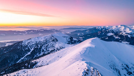 Snow-capped mountain ranges stretch to the horizon under a colorful pink and orange sunrise.の素材
