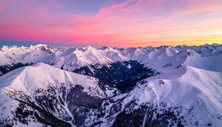 Aerial view of snow-capped mountains and dark pine forests under a vibrant pink and orange sunset sky.の素材