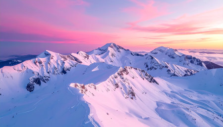 An aerial perspective of snow-capped mountains under a serene sky transitioning from pink to purple twilight.の素材