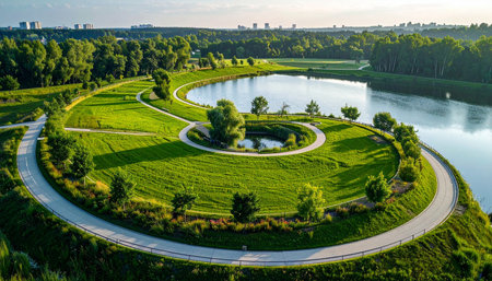 Aerial view of a circular green park with a small pond and a large lake in the backgroundの素材