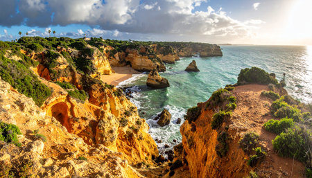 Dramatic golden cliffs overlook the turquoise ocean with waves crashing under a dynamic sky.の素材